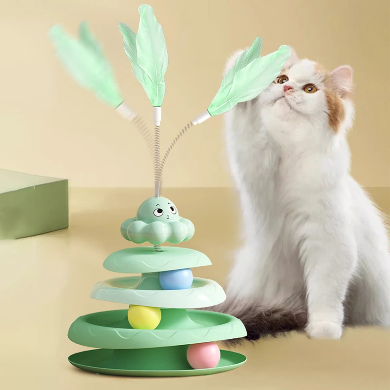 

Three-layer Plastic Turntable Cat Toy with Feather Colorful Balls Detachable Funny Intelligence Teasing Cat Stick Jouet Chat