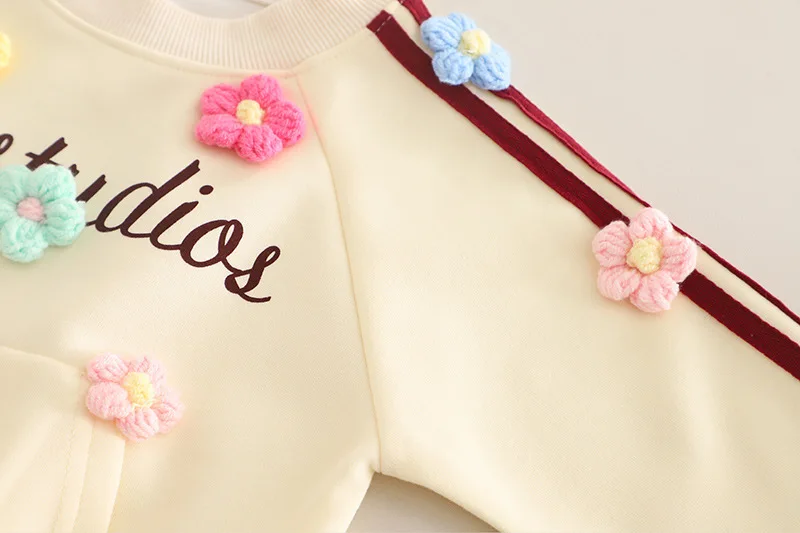 2-teiliger Trainingsanzug für kleine Mädchen, 3D-Sweatshirt mit buntem Blumendekor, Raglan-Sweatshirt, Seitenstreifen, Rüschenbündchen, Jogginghose, Kinder-Frühlingsset – Detail 7