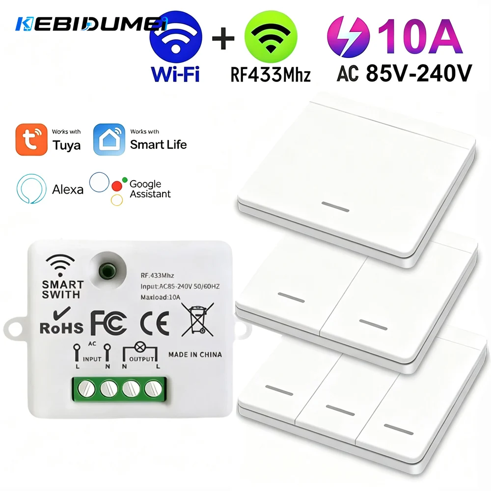 KEBIDUMEI Tuya Smart Wireless Remote Control WiFi 433MHz Light Switch Wall Switch 110V 220V 10A Mini Receiver for Alexa Home