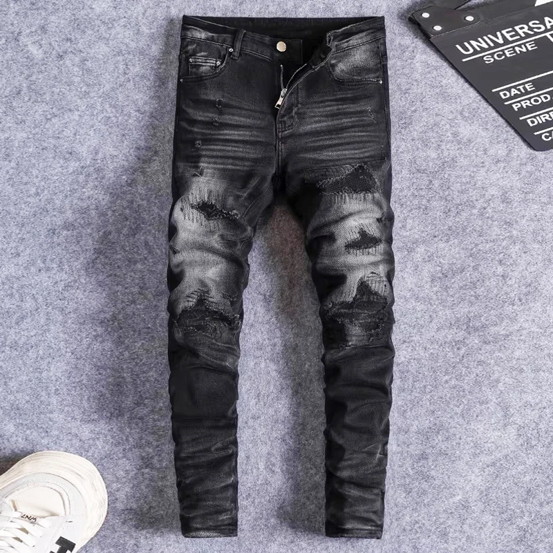

Designer fashion new men's jeans painted elastic slim fit black jeans hip-hop brand pants hombre