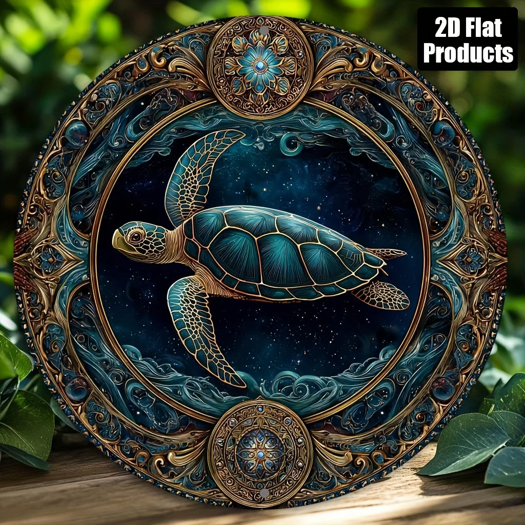 Vintage Schildkröten-Metallwandkunst, 8x8 Zoll Rundes Aluminiumschild mit Türkis- und Goldakzenten für Zuhause, Bar, Café, Büro, Halloween-Dekoration