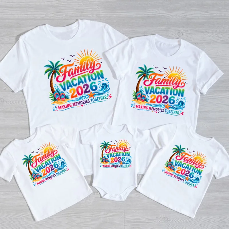Family Matching Outfits 2026 Beach Vacation T Shirts Palm Tree Print Mommy Daddy Kids Matching Tees Summer Family Trip Clothes