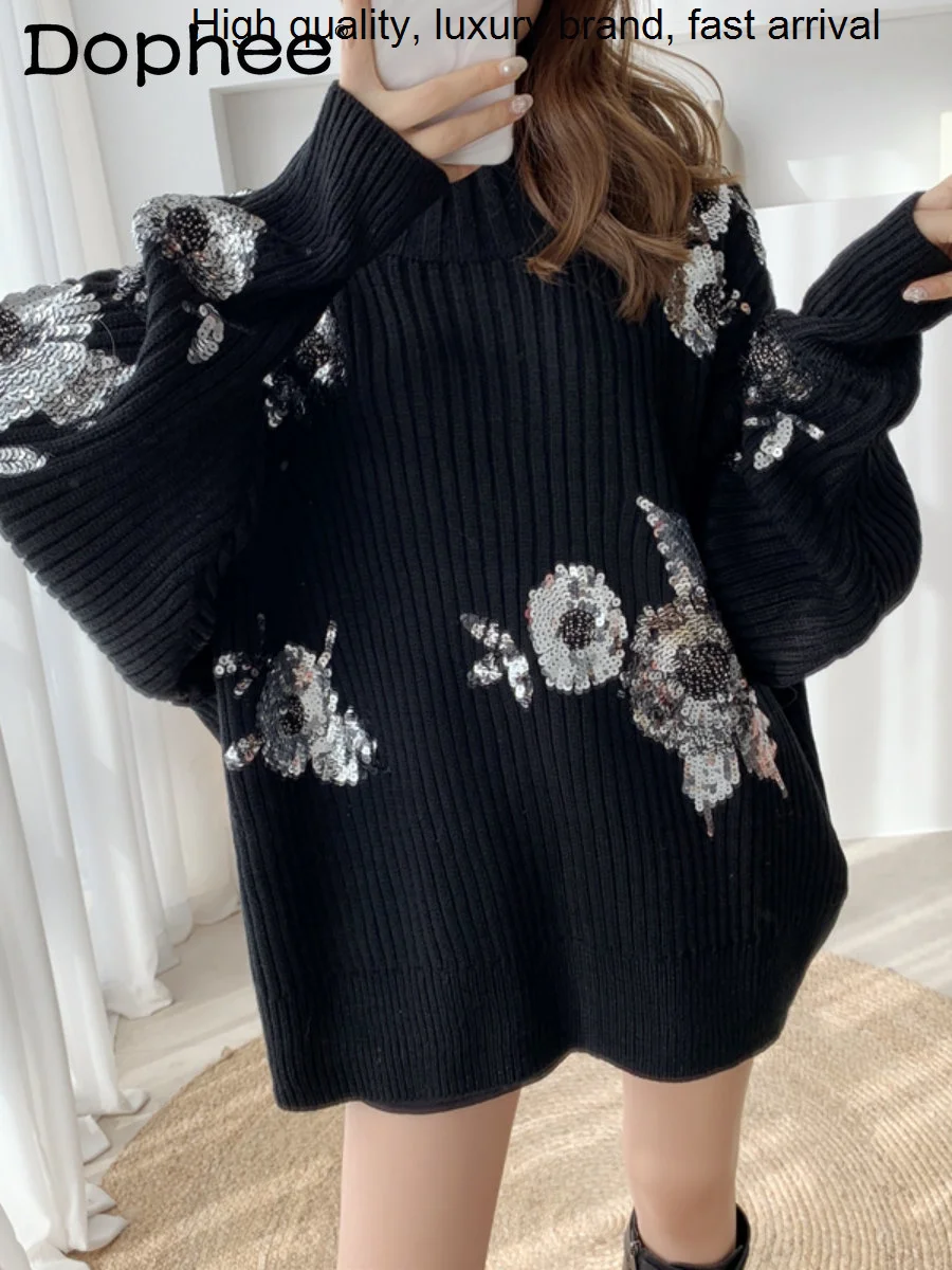 

Loose Batwing Sleeve Oversized Women 2023 Spring Autumn Knitted Jumper Sequined Thickened Black Sweater Pullover Top