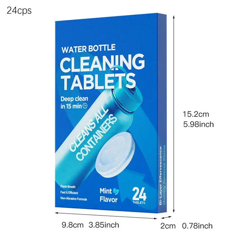 Comprimidos de limpeza de garrafa de água, 24 peças, removedor de odor, comprimidos para chaleira, plantas ativas, sabor de garrafa, remoção de manchas, removedor de odor