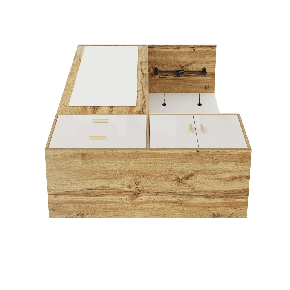 PINGGO Edles Garderoben-Set mit Spiegel, Schuhschrank, Schuhbank mit Haken, ausziehbarer Kleiderstange in Weiß und Holzfarben – Detail 23