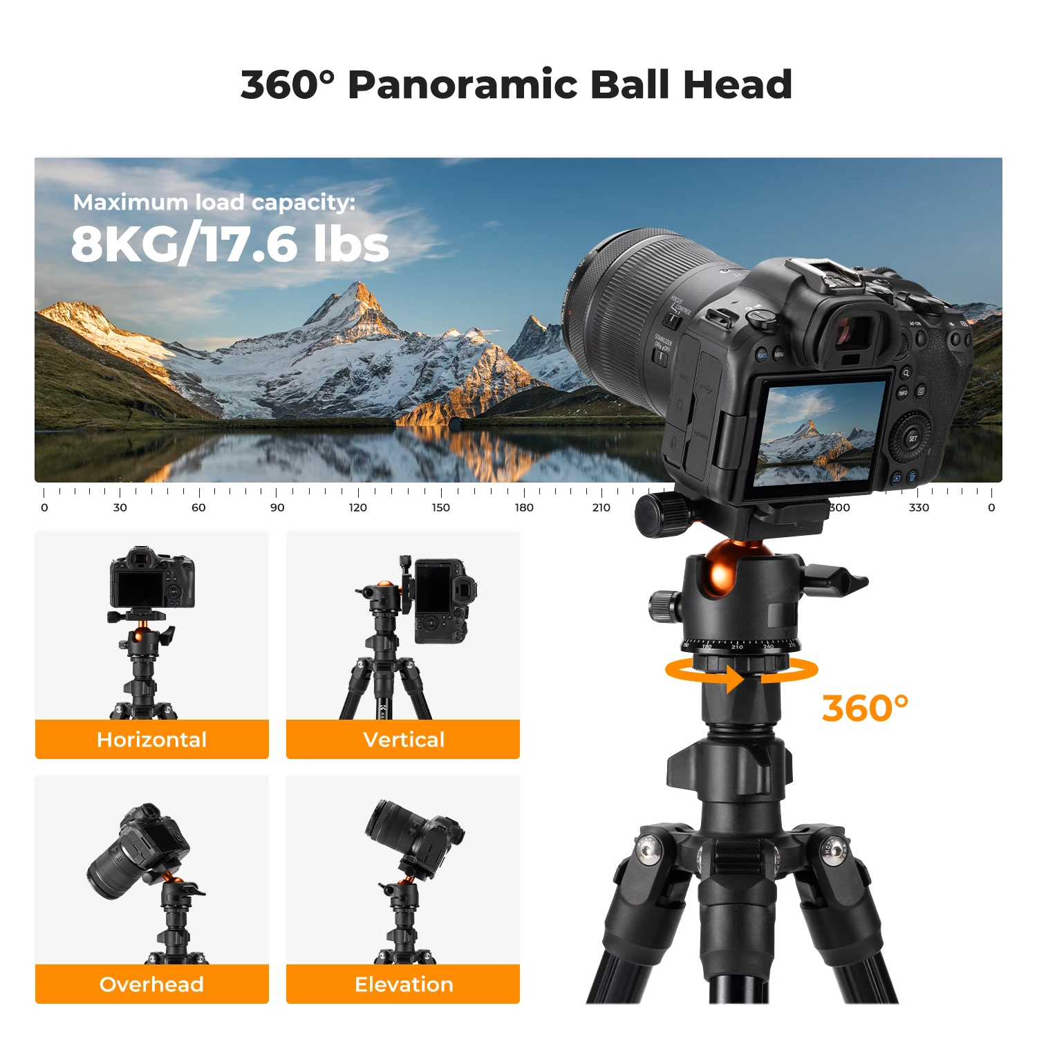 K&F CONCEPT 76인치 카메라 삼각대 회전식 다각도 센터 컬럼 8kg/17.6lb 하중 신형 경량 여행용 야외 DSLR 삼각대