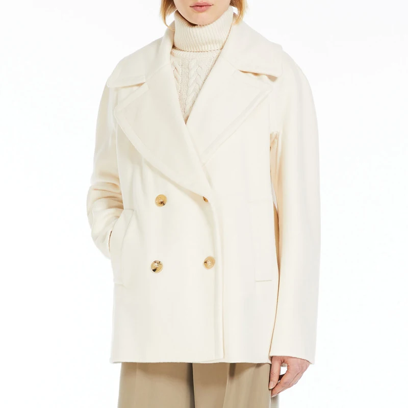 Loose fit short women's wool coat custom double breasted cashmere blend high-quality practical and elegant white women's coat