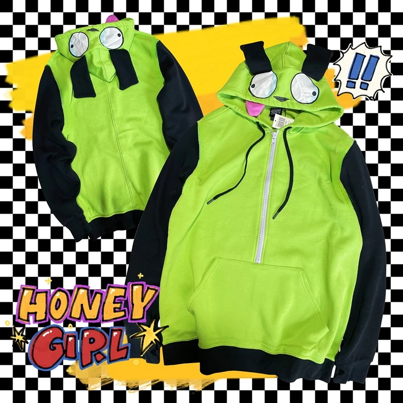 

Anime Invader Cosplay Alien Zim Hoodies Casual Jacket Coat Hooded Zip Up Pullovers Sweatshirts with Ears Halloween Costume