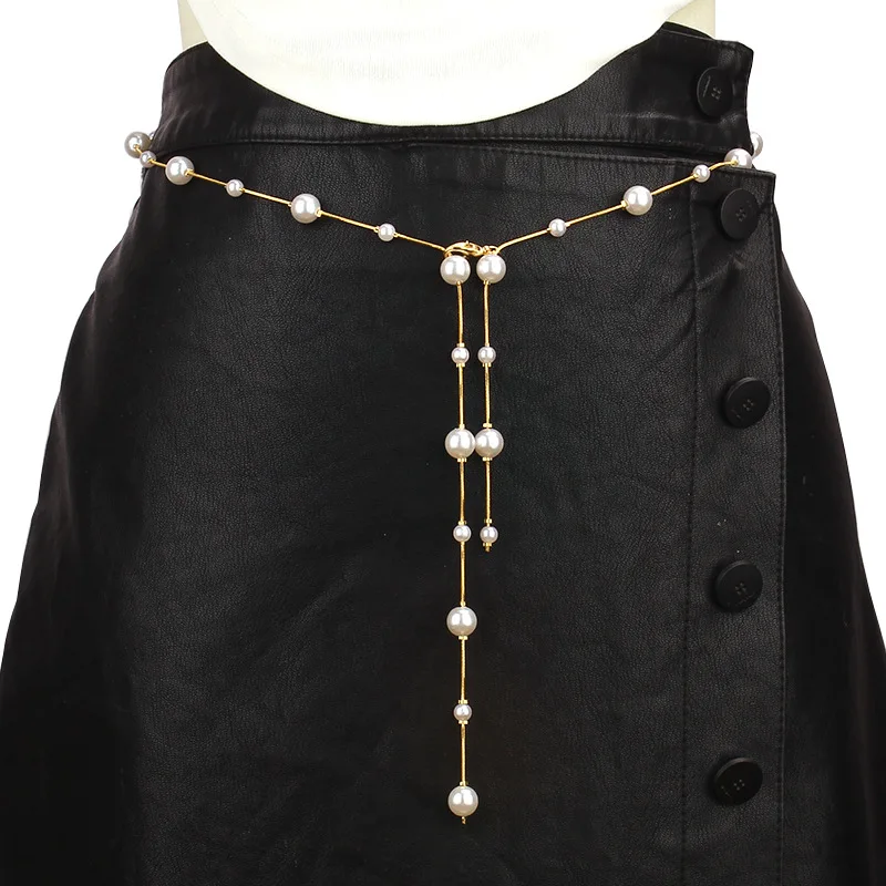 Dainty Long Tassel Pearl Waist Chain Gold Thin Wire Multi Size Round Pearl Cascading Drop Belly Belt For Knit Dress - view 2