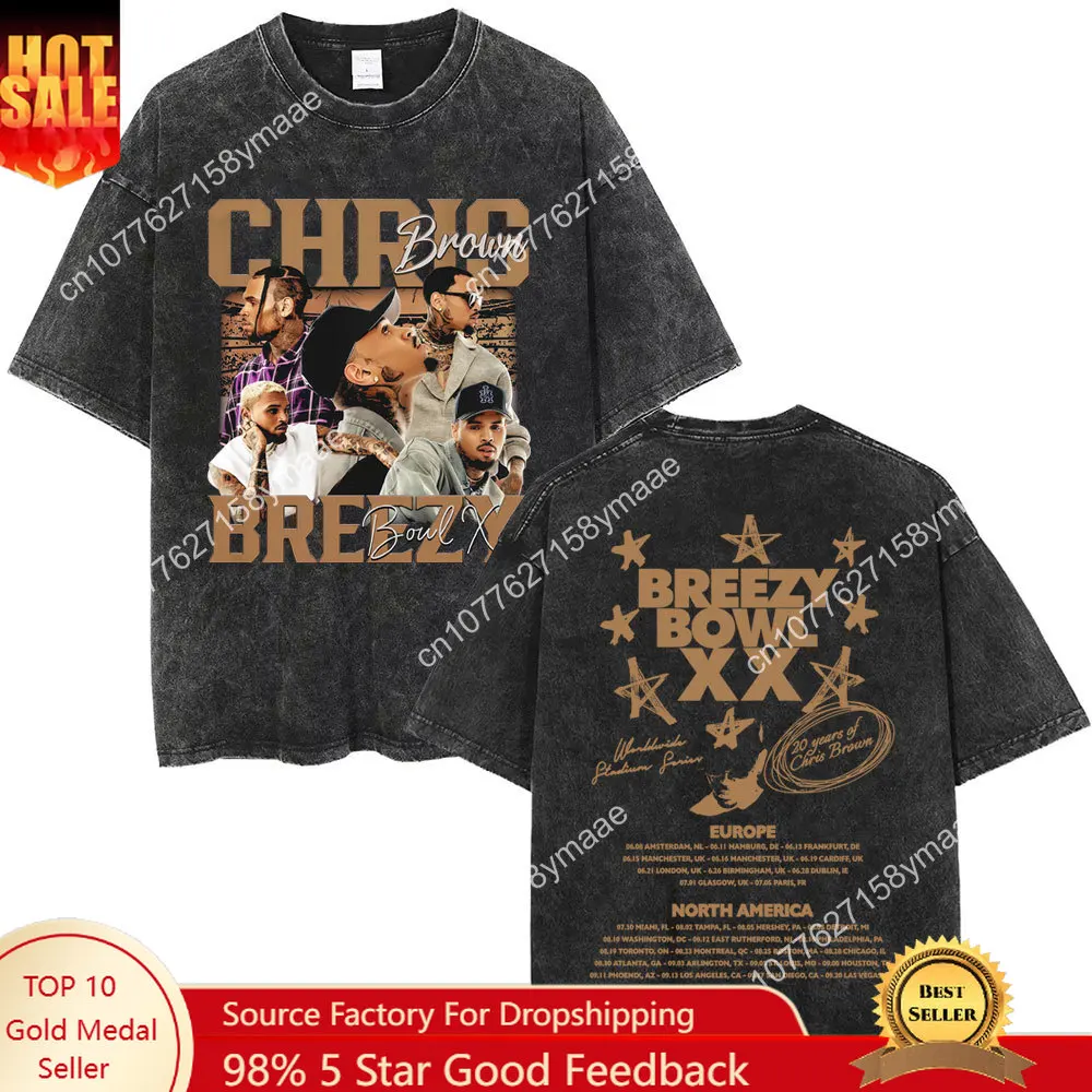 

Винтажная потертая футболка с рисунком Криса Брауна Breezy Bowl XX Tour 2025, футболки с товаром для мужчин и женщин, модные футболки большого размера в стиле хип-хоп