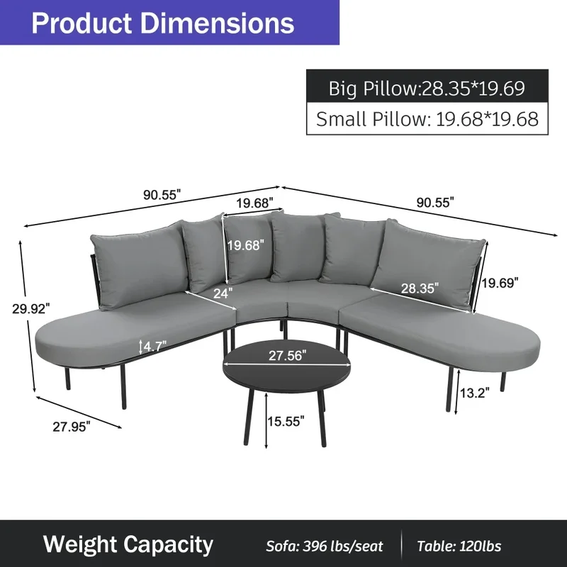 Curved Outdoor Sofa Set with Coffee Table for 6 People, All-Weather Patio Furniture for Garden in Gray