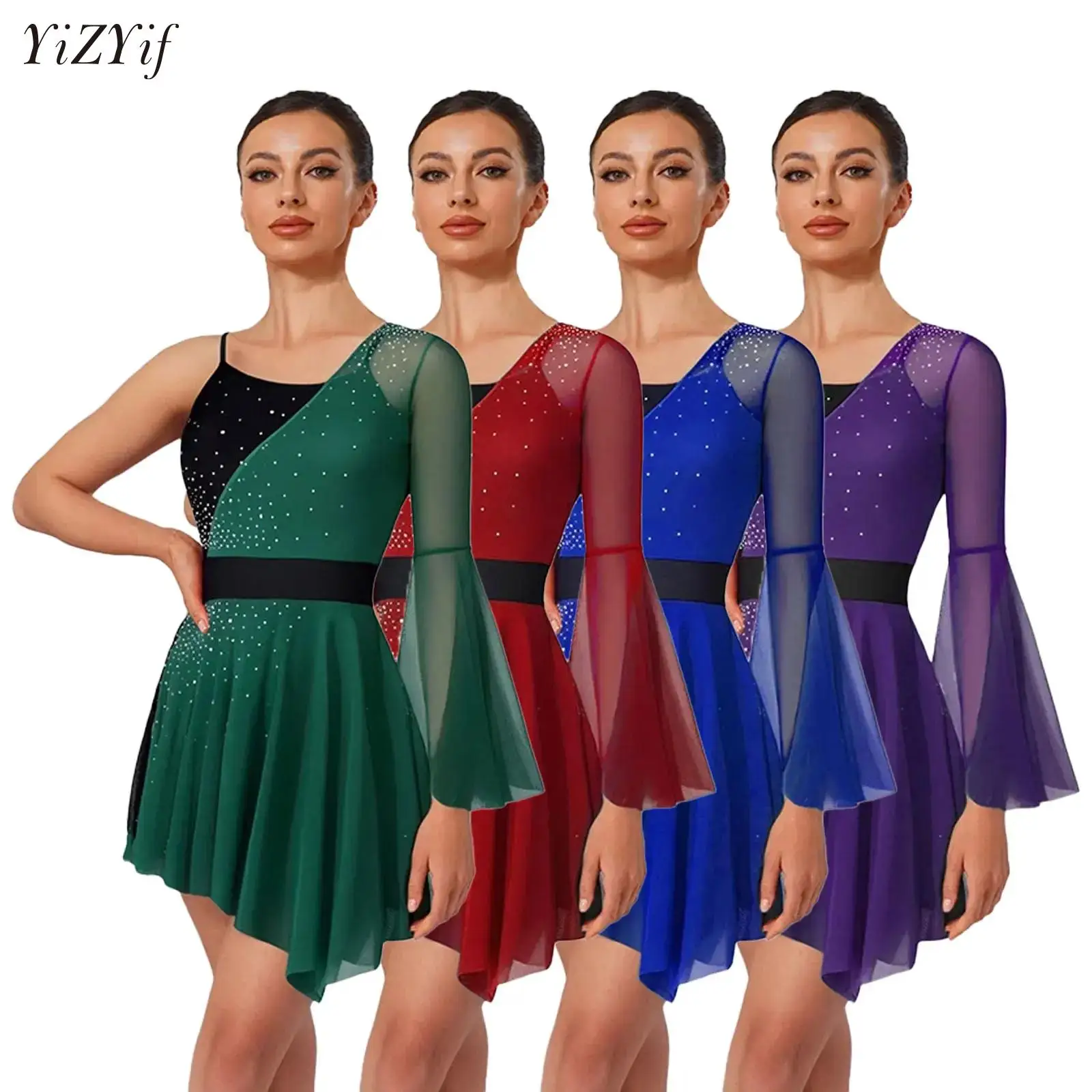 

Women Long Sleeve Figure Skating Dress Lyrical Dance Performance Ballet Gymnastics Dancewear Shiny Sheer Mesh Leotard Dresses