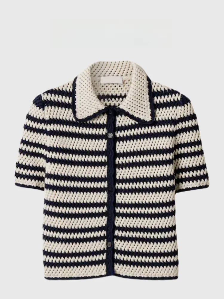 

Lotti High-Defn Summer New Color Blo Stripe Hollow Knitted ort Sve Open Cardigan Collar Top for Women