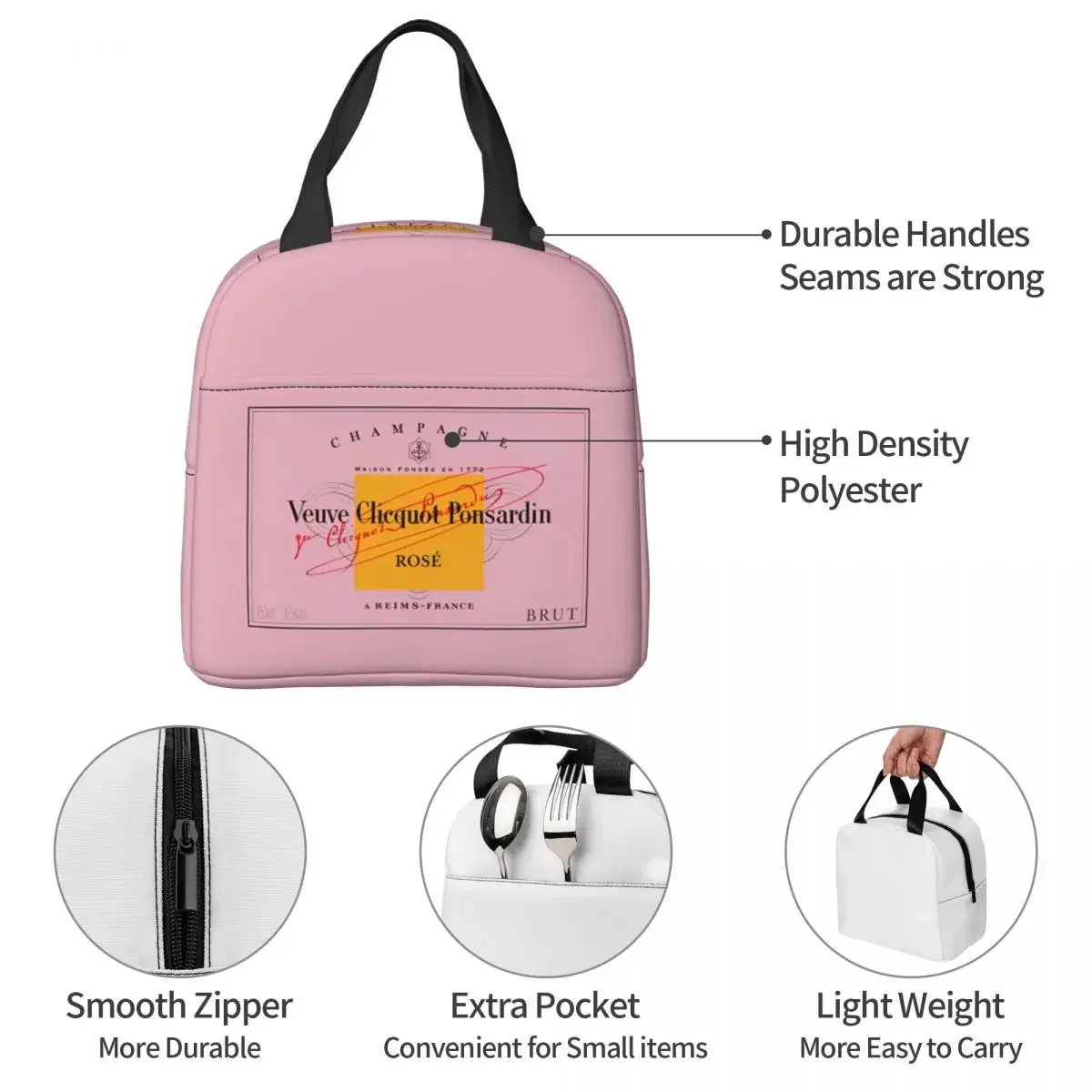 Champagne Pink Insulated Lunch Bags Leakproof Veuves Clicquots Lunch Container Cooler Bag Tote Lunch Box Office Food Storage Bag