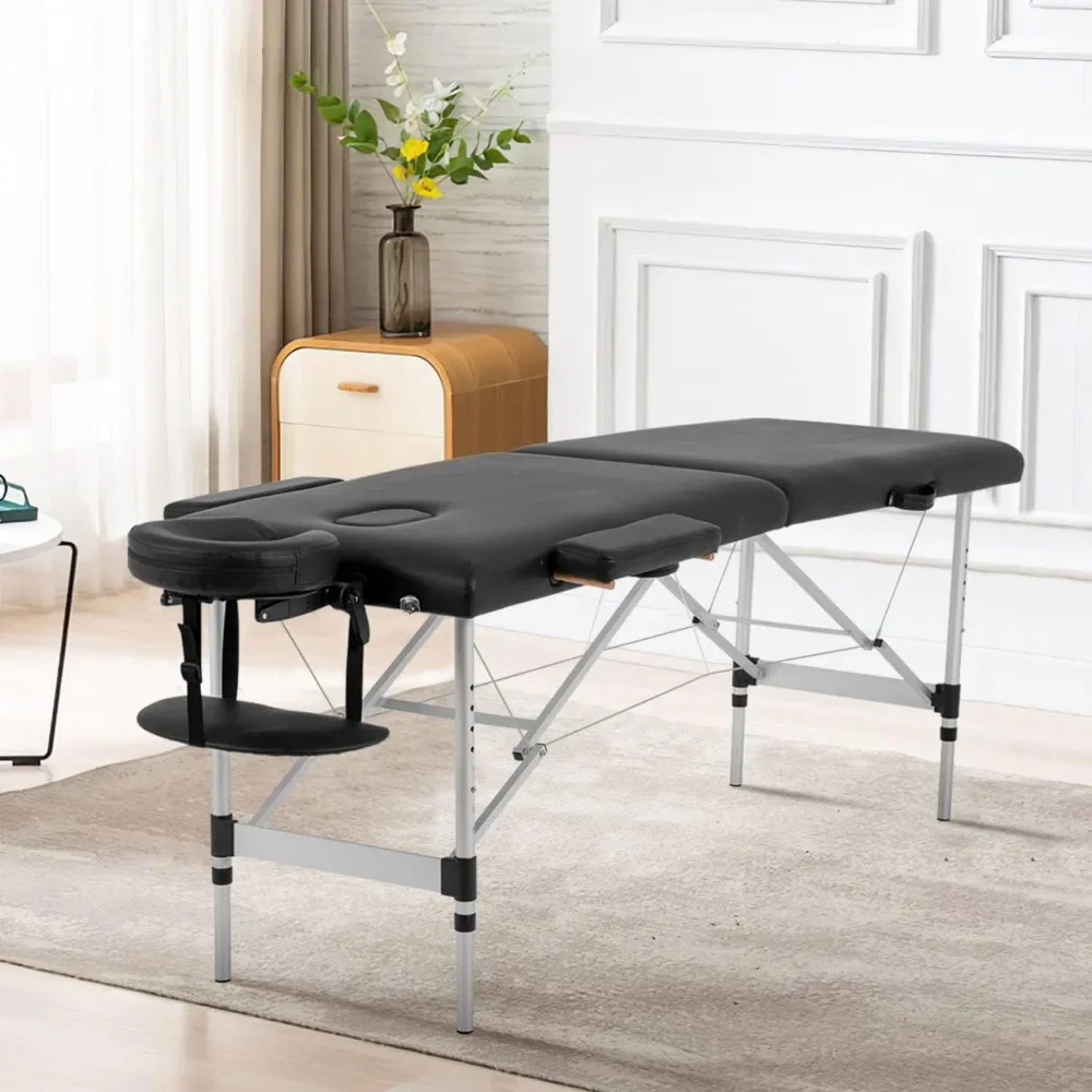 Aluminum Massage Table Portable Massage Bed Height Adjustable Spa Bed 2 Fold Facial Tattoo Salon Bed W/Face Cradle Carry Case