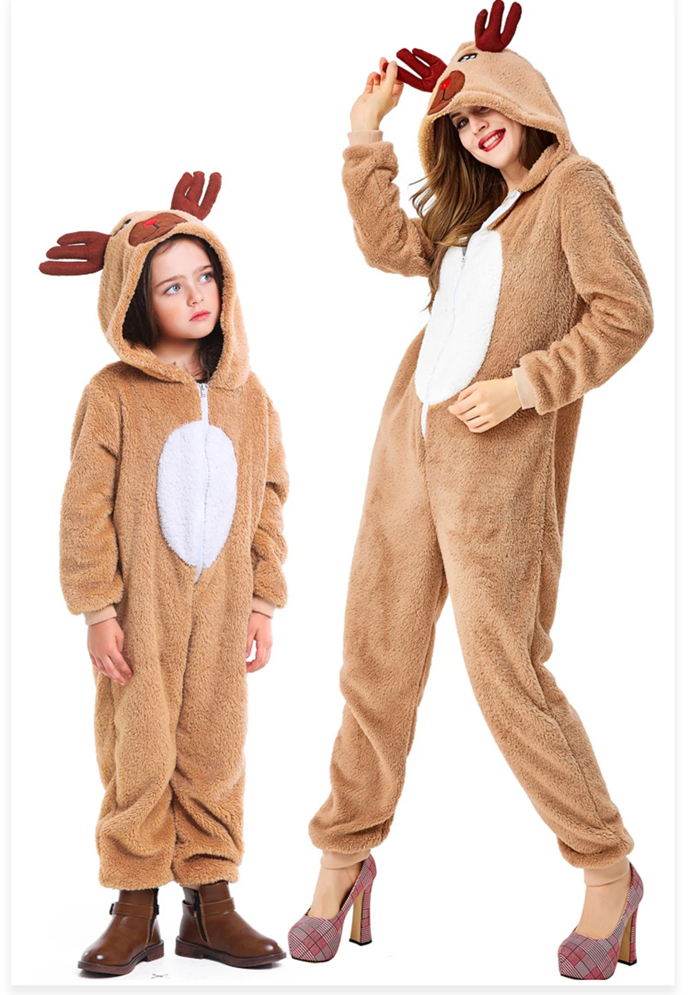 Women Girls Cute Christmas Cosplay Parent-child Reindeer Hooded Animal Homewear Xmas Elk Role-playing Coral Fleece Loose Pajamas