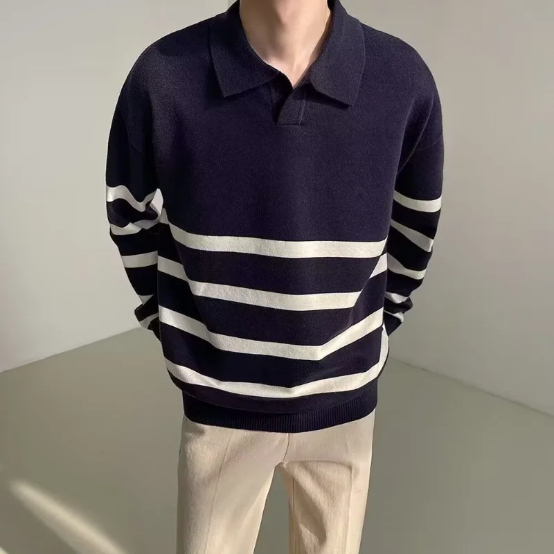 Lapel Long Sleeve Sweater Mens Autumn Winter Korean Style Loose Retro Casual Half Zipper Striped Knitted Top Coat