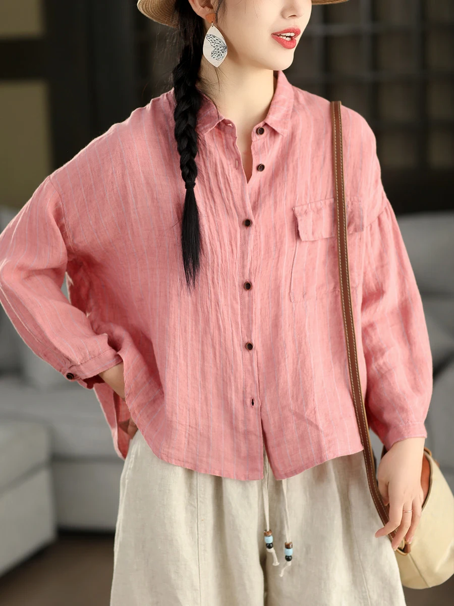 

Retro Style 100% Linen Shirt Vertical Stripes Long Sleeve Turn-down Collar Slim Fit Women's Breathable Comfortable Top