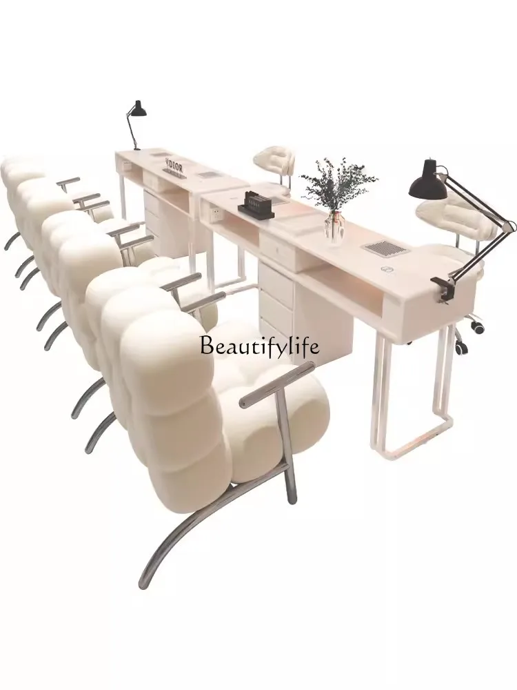 Cream Style Nail Table and Chair Suit Embedded Vacuum Cleaner with Socket Wireless Charger