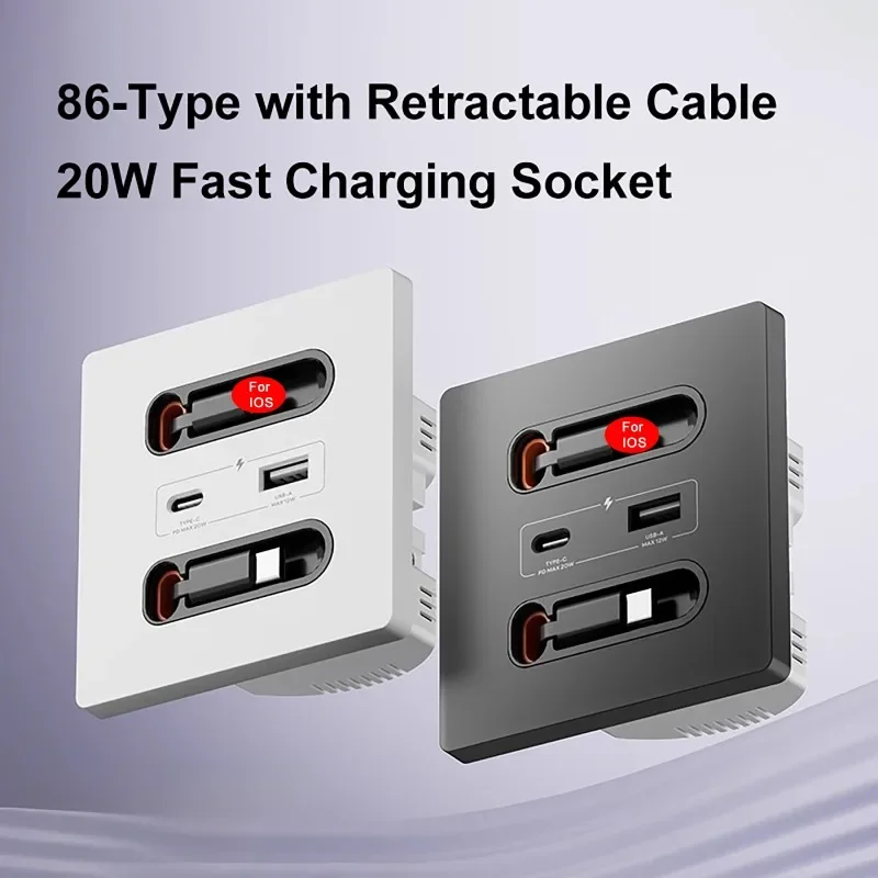 12W Fast Charging Panel Smart Wall Socket with 80cm Retractable Cable Type-c & USB-A Switch Socket Panel Mobile Phone Charging