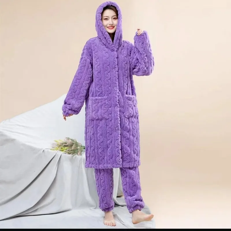 

2023 New Ladies Winter Warm Plus Velvet Padded Hooded Suit Men Pajamas Wear Residential Flannel Fashion Casual Long