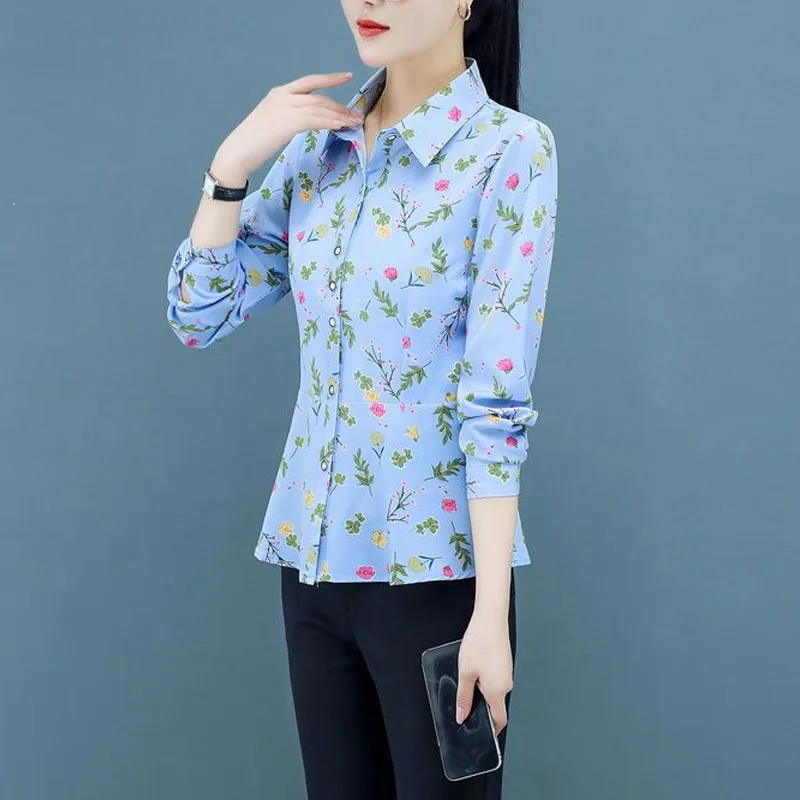 New All-match Long Sleeve Women\'s Clothing 2023 Spring Printing Elegance Female Tops POLO Collar Button Slim Chiffon Shirt