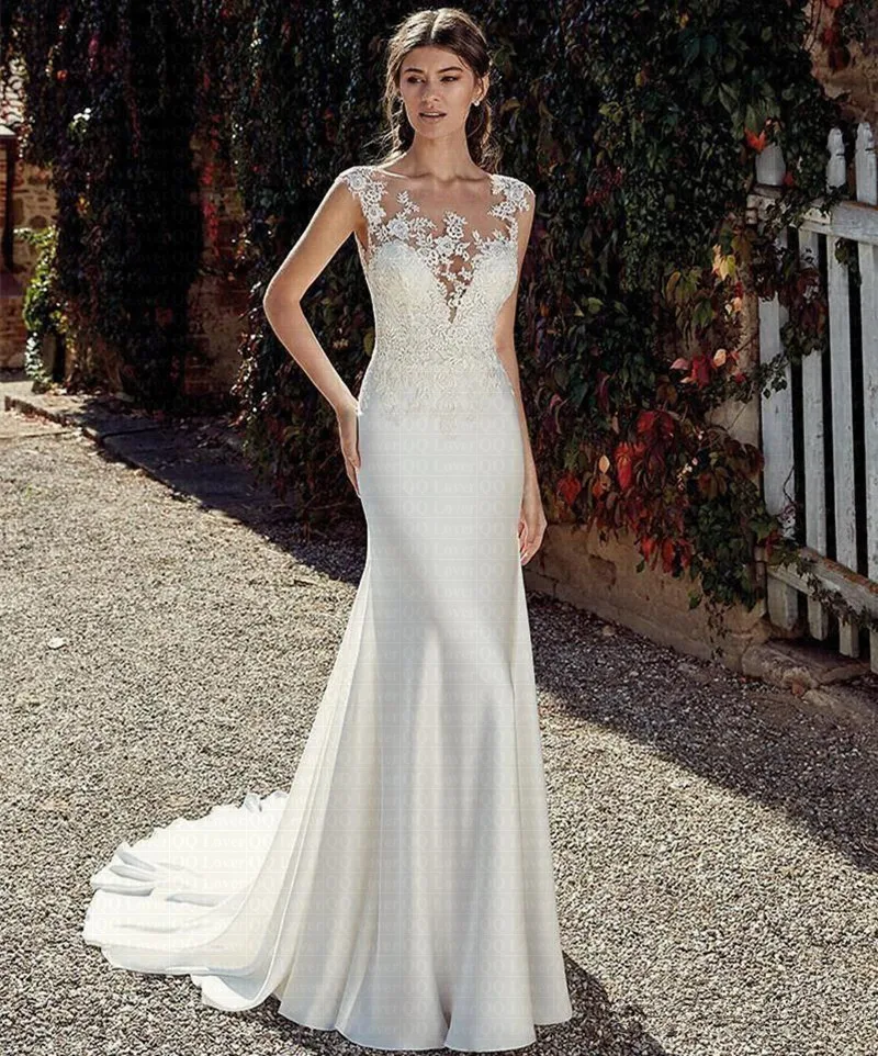 Đầm Vestido De Noiva Khiêm Tốn Satin Mềm Mại Bateau Cổ Nàng Tiên Cá Váy Cưới 2022 Ren Appliques Sheer Đầm Cô Dâu Ảo Giác Lưng