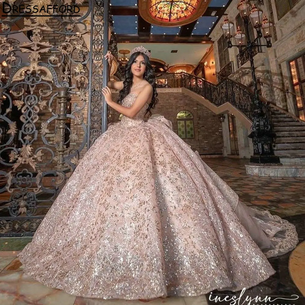 Rose Gold Sequined Lace Bow Quinceanera Dress Ball Gown Sweetheart Sleeveless Ruffles Corset Vestidos De Quinceañera