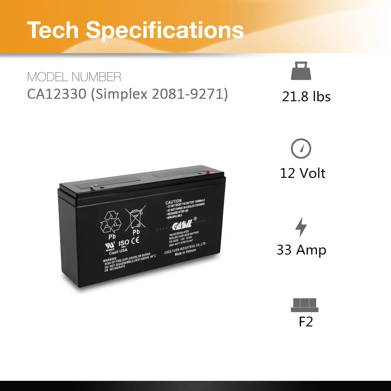 Fire Alarm Control Panel Battery 12V 33Ah F2 Terminal 2 Pack, Customized