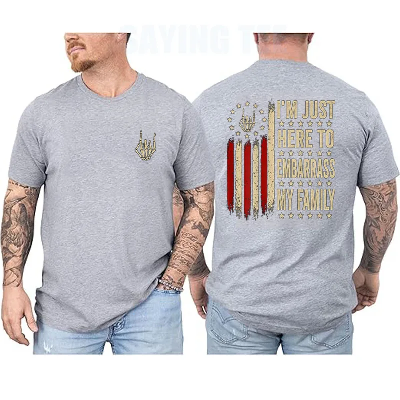 Ich bin nur hier, um meine Familie zu schmeicheln. Sarkastisches T-Shirt, Y2k-Flagge der USA, Skelett, Halloween-Kostüm, weiche Baumwolle, kurzärmelige Kleidung – Detail 8