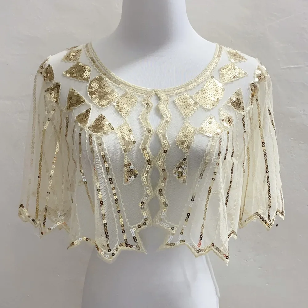 Beaded Decoration Women's Sequins Shawl Vintage Mesh Evening Cape Short Cover Up Dress Accessory Flapper Party Shawl Wedding