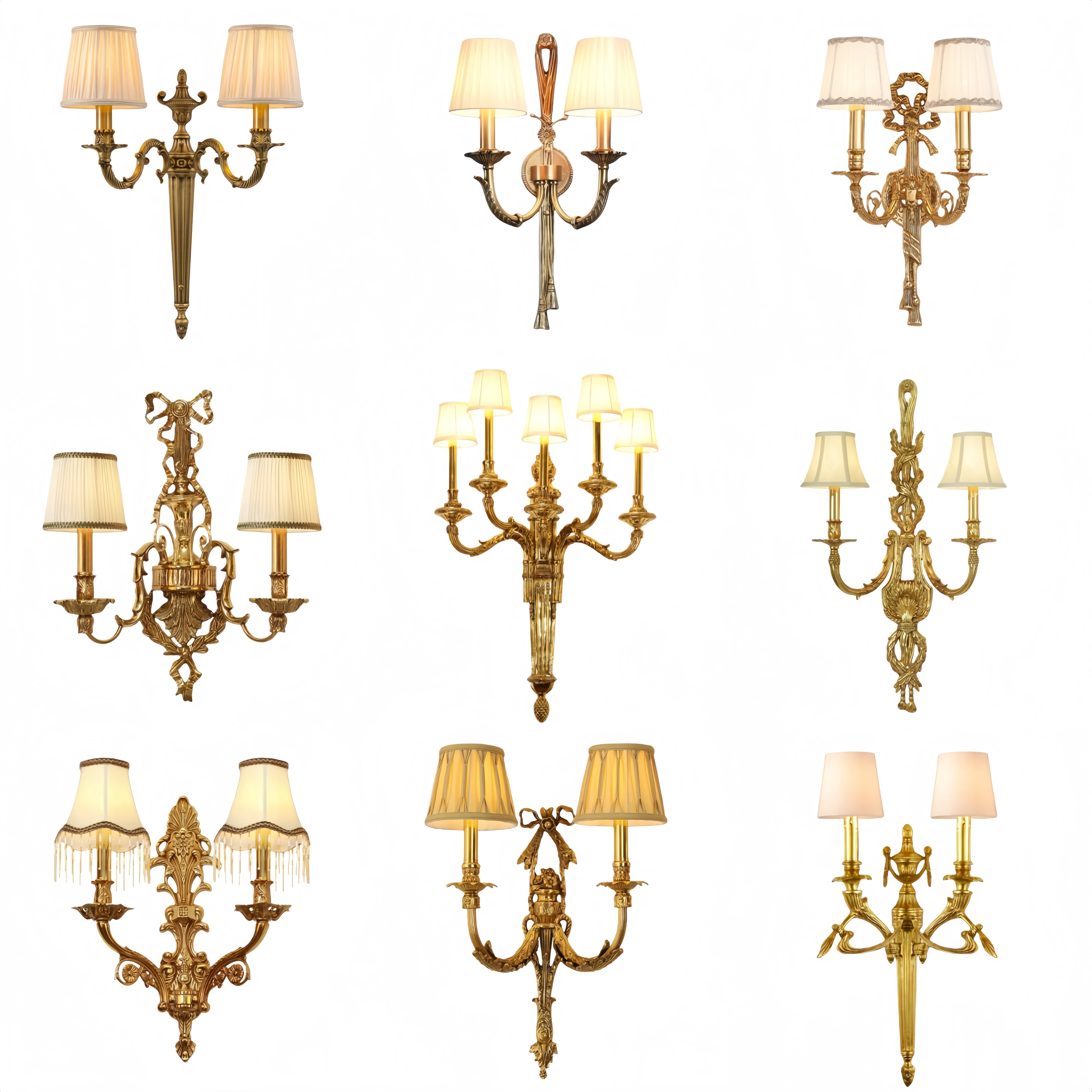 

European Luxury Brass Candle Lamp Classic Indoor Decor Wall Lamp Retro Copper Fabric Lampshade Double head Wall Sconce Lighting