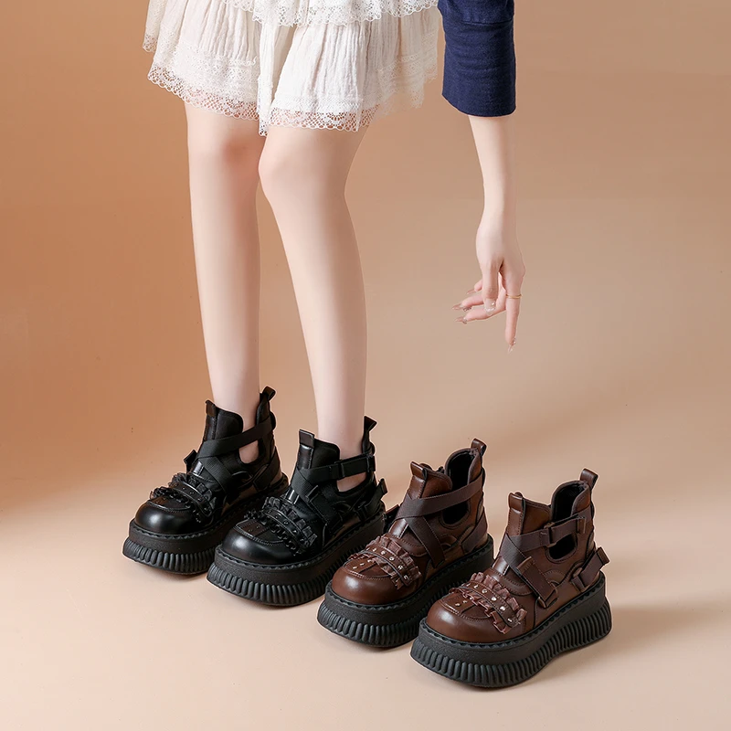 

2025 New Style Round Toe Thick Sole Platform Heel Women Ankle Boots Buckle Pumps Fashion High Quality Boots Женская Обувь