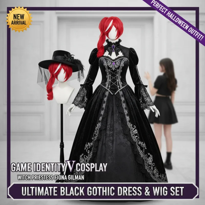 

◢2026Game Identity V Cosplay Witch Priestess Costume Fiona Gilman Black Gothic Dress Wig Set Halloween Party Outfit for Women◢*%