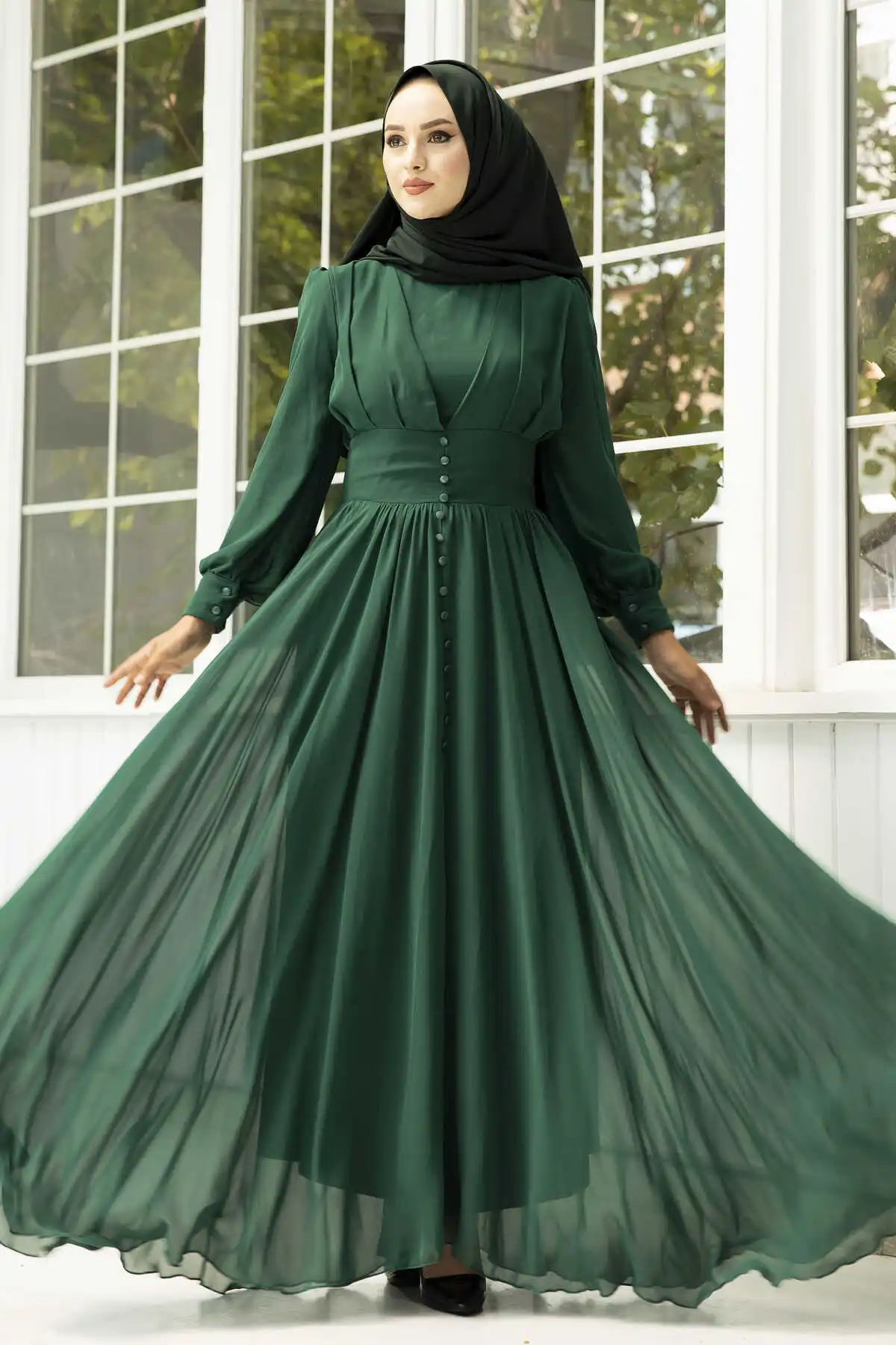 Button Detail Evening Dress Emerald