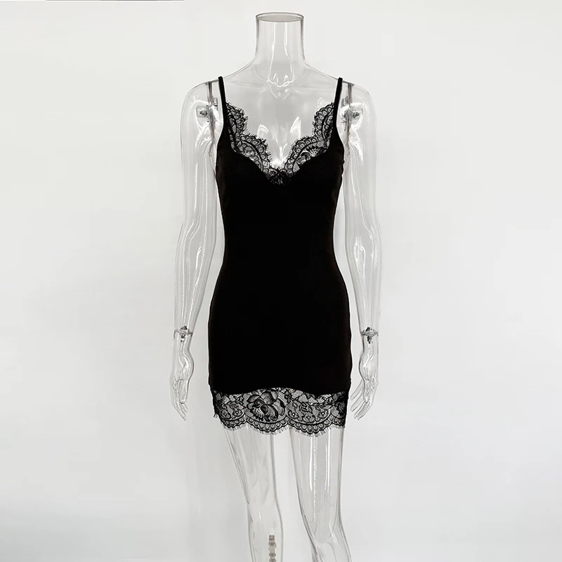 Tornova Sexy Plunge Lace Spaghetti Strap Dress Women Sleeveless Hot Girl Club Party Mini Dess Fashion Bodycon Black Sling Dress