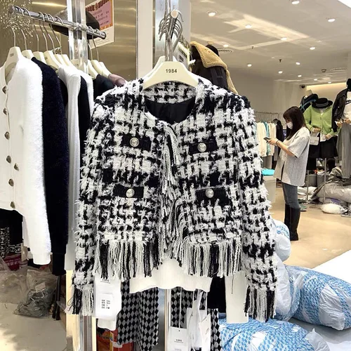 새로운 격자 무늬 향기로운 스타일 연예인 짠 트위드 술 짧은 코트 여성 재킷, 가을 겨울 