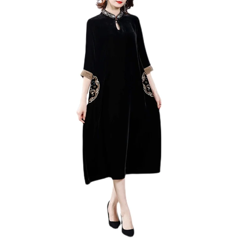 2024 Vintage Black Gold Velvet 4XL Size Midi Dresses Fall Winter Casual Loose Dresses Women Elegant Bodycon Party Vestidos