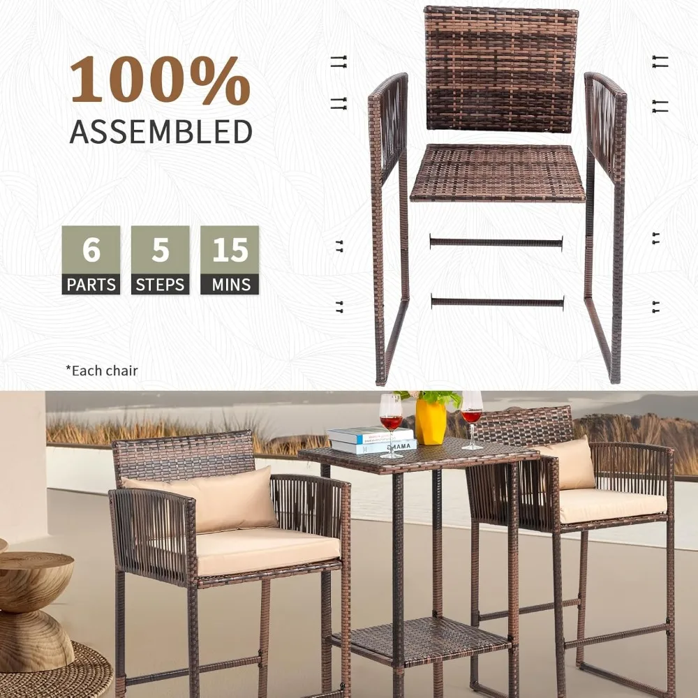3 PCS Patio Bar Set Wicker, Outdoor  Table and Stools with Storage Shelf and Cushions Height Outdoor Table