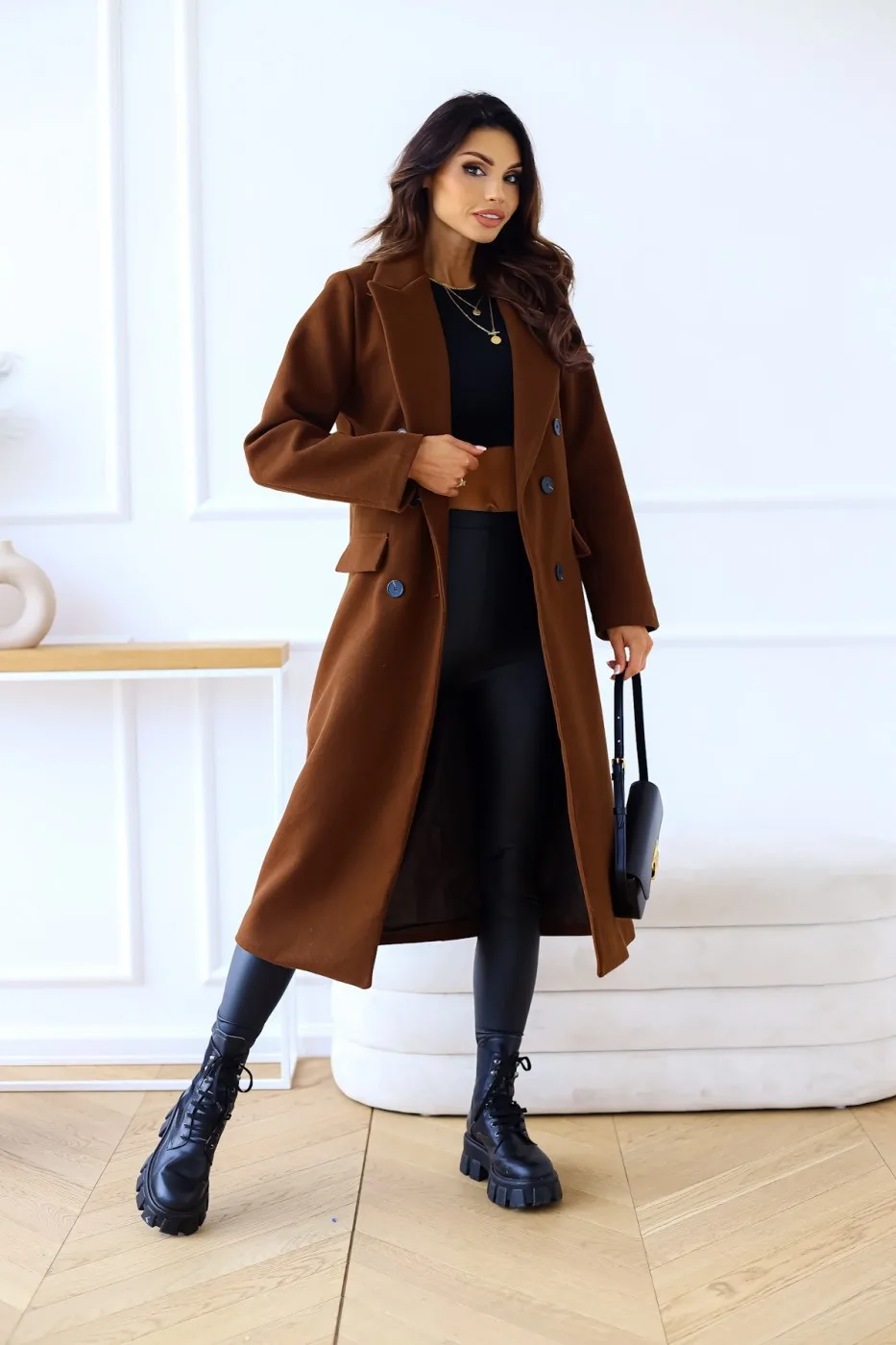 Autumn Woolen Midi Coat Women Long Sleeve Solid Fashion Casual Ladies Coats Loose Woman Coat 2023 Femme