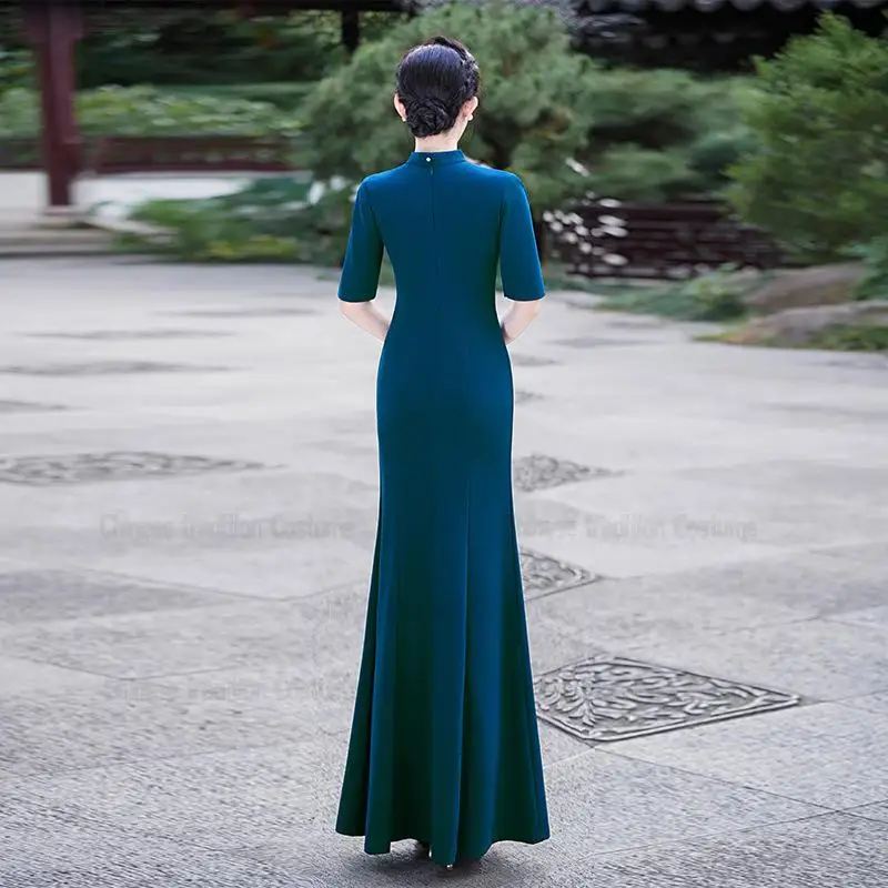 2025 عرض مسرحي جديد تشيباو حجم كبير 3Xl 4Xl 5Xl Chesongam سيدة مثير سبليت النمط الصيني فستان قصير الأكمام Vestidos رداء ثوب #5