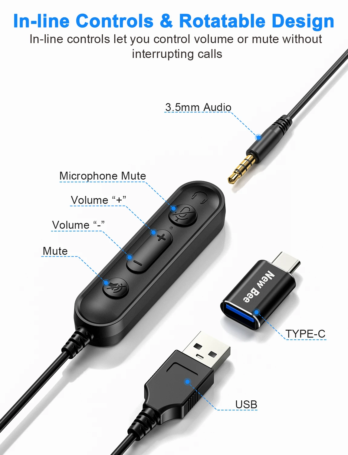 Nowe słuchawki przewodowe Bee H362 Zestaw słuchawkowy USB do komputera Call Center Biznes Obrotowy mikrofon 3,5 mm Słuchawki Mic Wyciszenie z