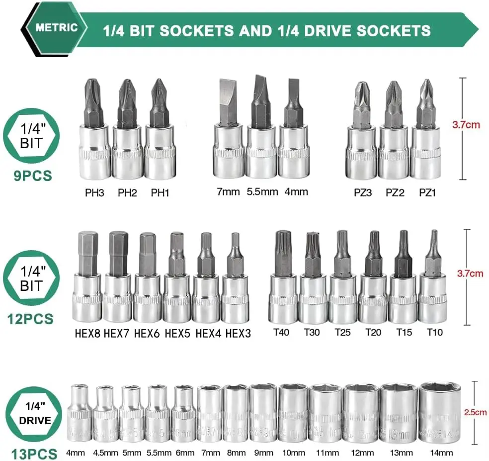 46 Pieces 1/4 inch Drive Socket Ratchet Wrench Set, with Bit Socket Set Metric and Extension Bar for For Car Repair, Bicycle
