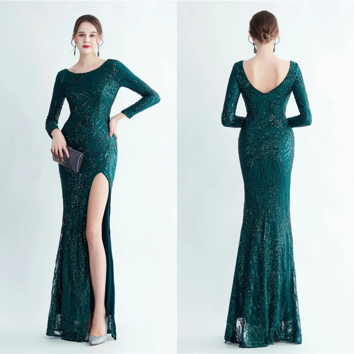 Vestido de noche con lentejuelas verdes para mujer, vestidos formales elásticos con cuello redondo, mangas completas, cremallera, sirena, trompeta, abertura hasta el suelo, fiesta, YE350