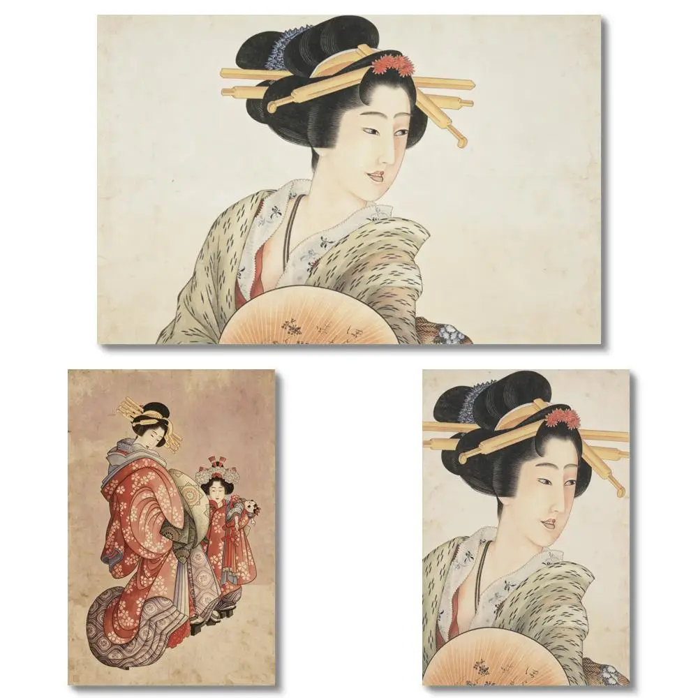 Elegant Japanese Geisha Canvas Art HD Print Traditional Ukiyo e Woman with Fan Kimono Neutral Wall Decor for Living Room Bedroom