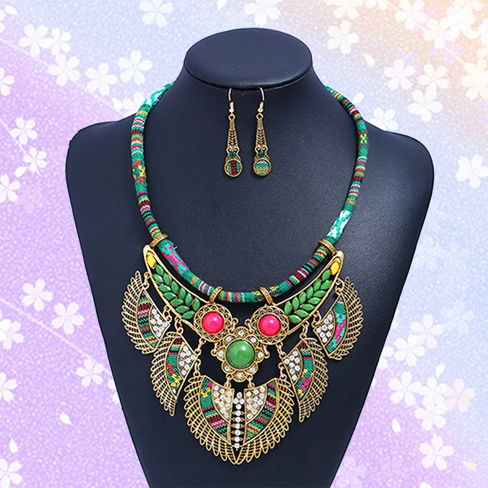 

Vintage Style Bohemian Jewelry Set Earrings Necklace Ethnic National Accessories Gift Wedding Party Birthday Green