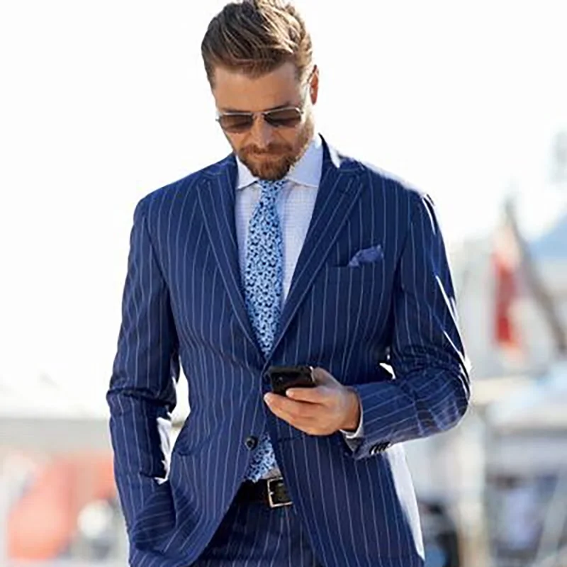 Fashion Deep Blue Peak Lapel Stripped Suits Sets 2 Piece For Men Formal Business Single Breasted Daily Office Meeting Outfit