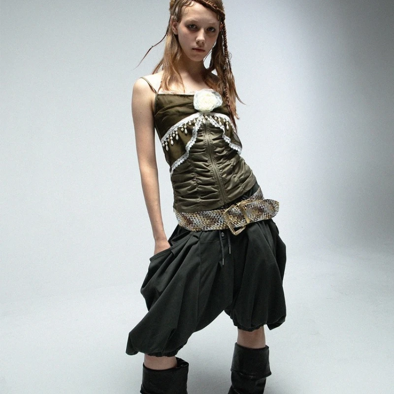 Spring Summer Chiffon Lace Heavy Elastic Slimming Wommen's Sling Original Design Sweet Cool Puff Sleeve Smock 2-Piece Set Ladies