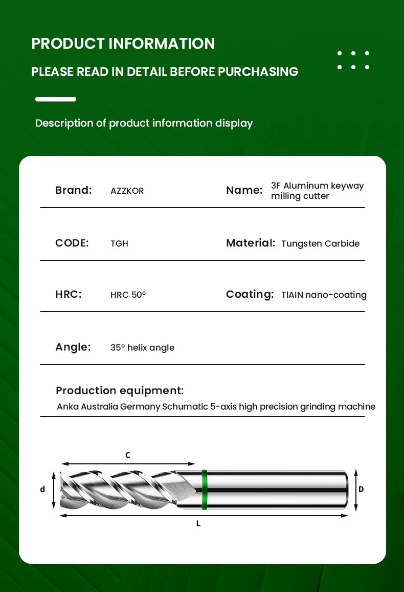 AZZKOR TGH-HRC50 3-Schneiden-Hartmetall-Holzbearbeitungs-Flachfräser für CNC-Maschinen, Aluminium-Fräswerkzeug, 1-20 mm – Detail 16