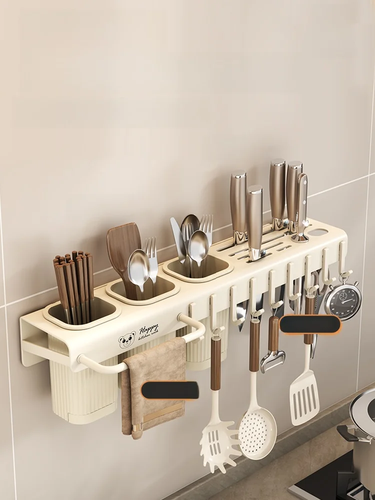 

Cr Sle Kitchen Wall Mounted Multi-Function Knife Holder Spoon Chopstis Tube Inteated Storage Ra Rectangular Carbon...